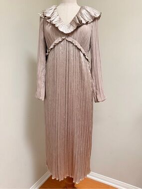 Morton Myles Vintage 80s Pleated Satin Ruffle Art Deco Dress 8 Champaign ILGWU